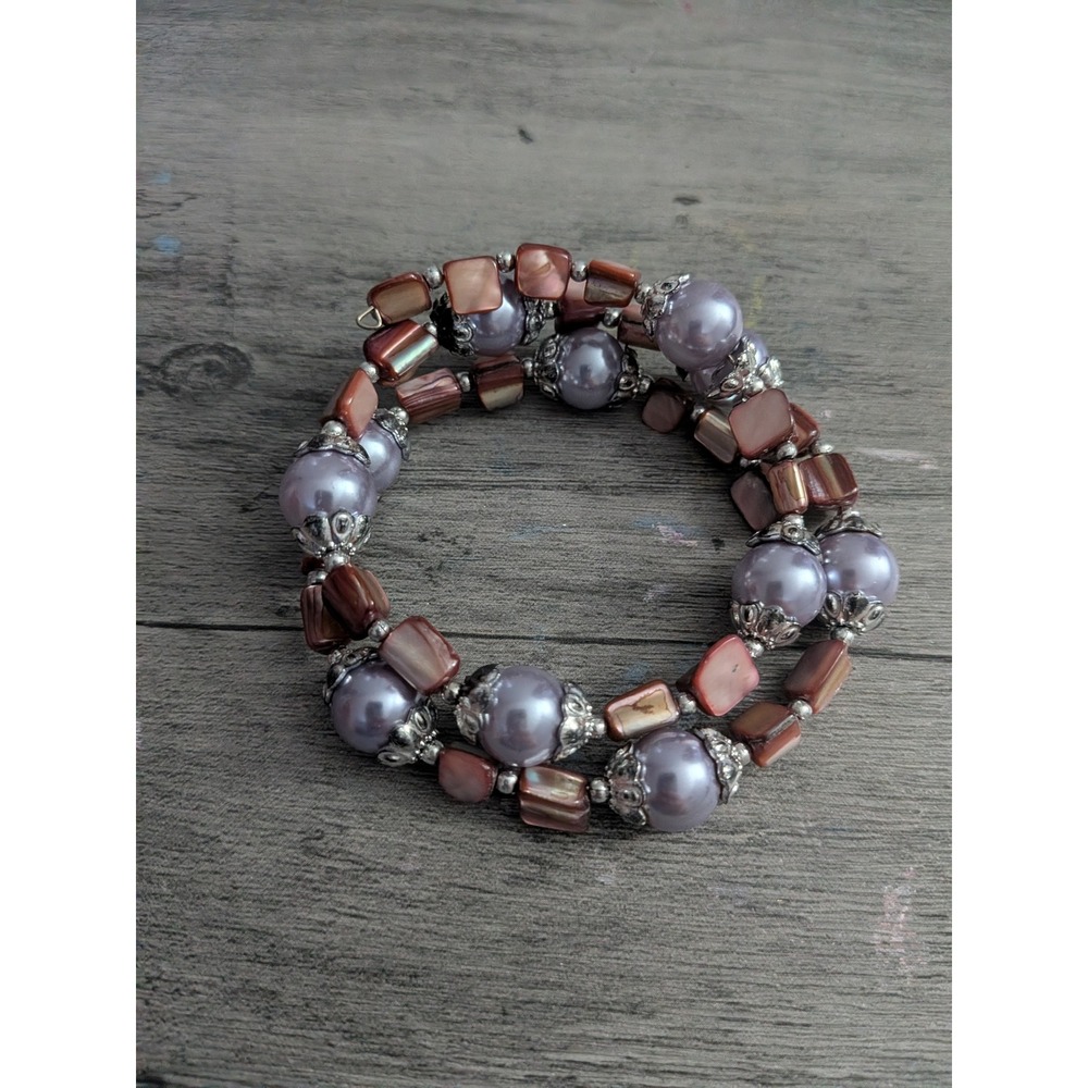 Lavender Faux Pearl and Copper Shell Wrap Bracelet Silver Tone Multi Strand